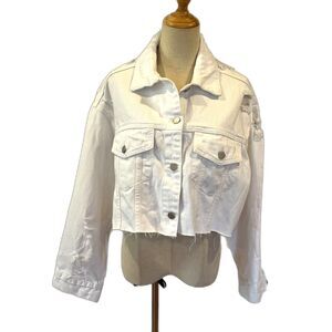 JBD. Alani Distressed White Denim Cropped Jacket Raw Hem Jean Small Buttons